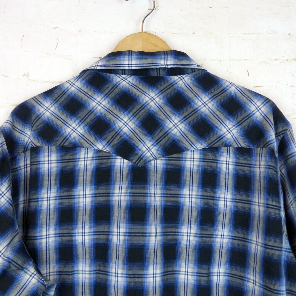 Wrangler Western Shirt Men 2XL Blue Plaid Sawtooth Pocket Pearl Snap Long Sleeve - Picture 10 of 12